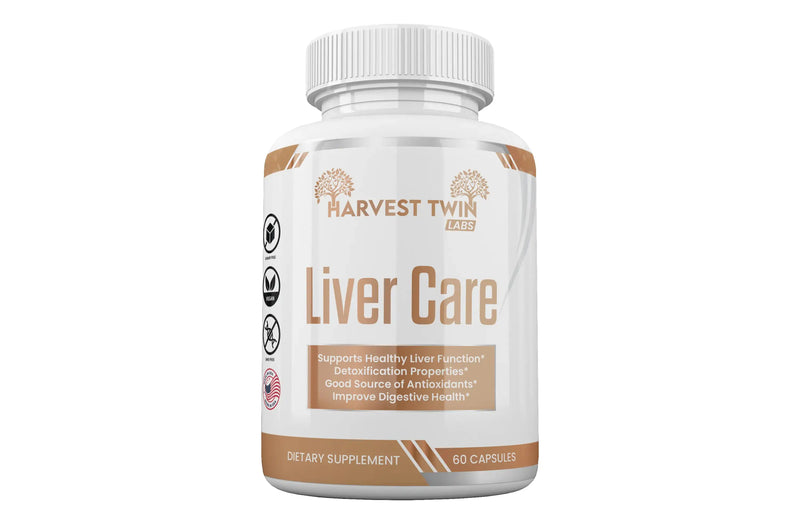 Harvest Twin Labs Liver Care dietary supplement bottle with 60 capsules, promoting liver health, detoxification, and antioxidants.